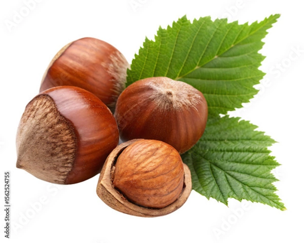 Fototapeta Hazelnut kernels and leaves, isolated PNG transparent background