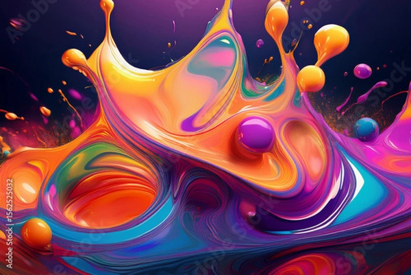 Fototapeta Abstract Panoramic Banner of a Dynamic Liquid Art Flow, Vibrant 3D Background with a Mix of Orange and Blue Colors