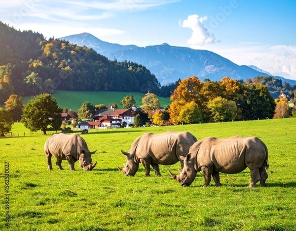 Obraz Nashörner weiden auf einer Wiese in alpenähnlicher Umgebung