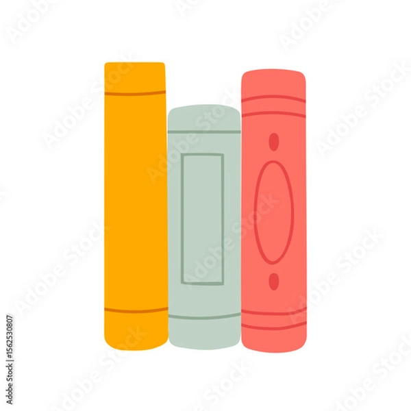 Fototapeta Vertical books on shelf with yellow, green and red covers, isolated on white