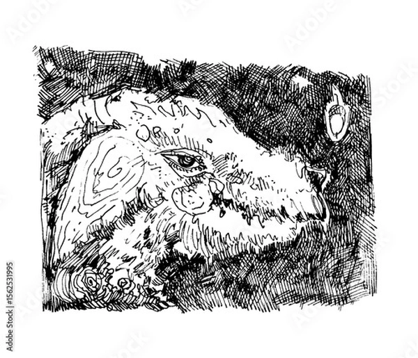 Fototapeta Vector ink sketch of a creature with detailed fur and an expressive eye, rendered with a cross-hatching technique. Dark, intense, and textured.