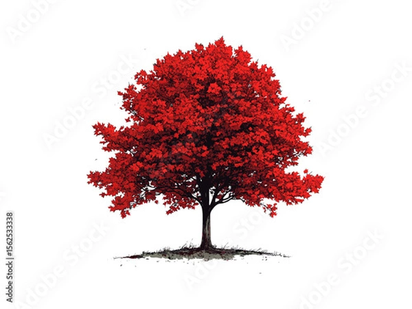 Fototapeta Hand-drawn red maple tree, vintage botanical engraving, eco-friendly nature sketch, red maple leaves, retro woodland decor, old engraving style black sketch, autumn tree art, trendy foliage design