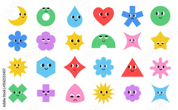 Obraz Cute colorful basic Geometric Figures with face emotions. Set of different shapes moon, heart, drop, flower, star, rhombus, hexagon etc. Funny characters. Trendy vector illustration for kids