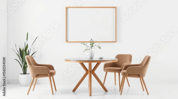 Fototapeta Interior view of a dining room with round table, three chairs, plant and a blank frame on the wall created with generated ai