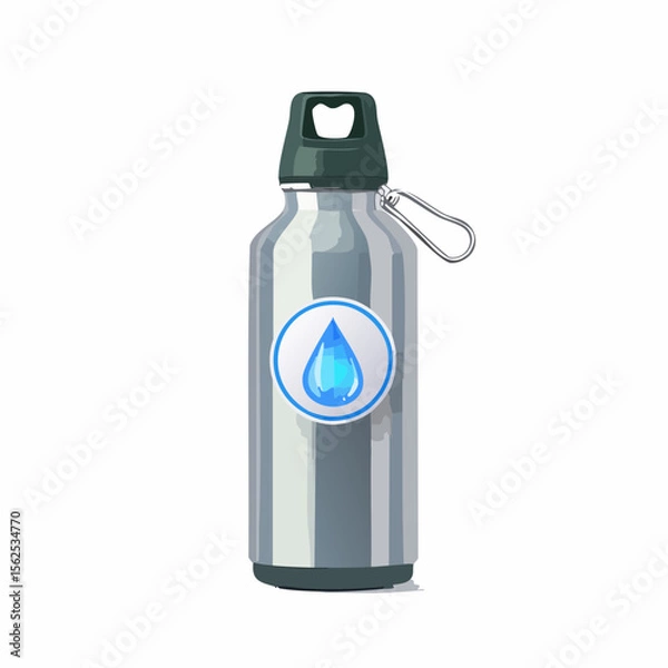 Obraz Stainless steel bottle with a matte finish, screw-top lid with carabiner loop, and a water droplet icon label.
