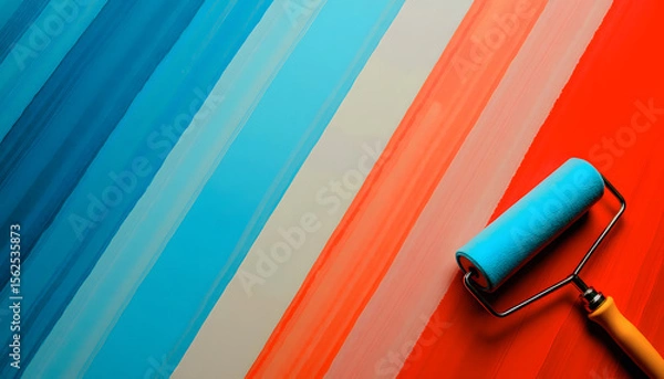 Fototapeta Paint roller with blue paint smiling against a colorful striped background for creative concept

