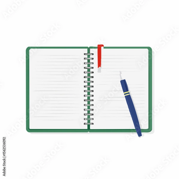 Obraz Spiral-bound notebook opened halfway, with lined pages, a pen clipped to the cover, and a ribbon bookmark hanging out.
