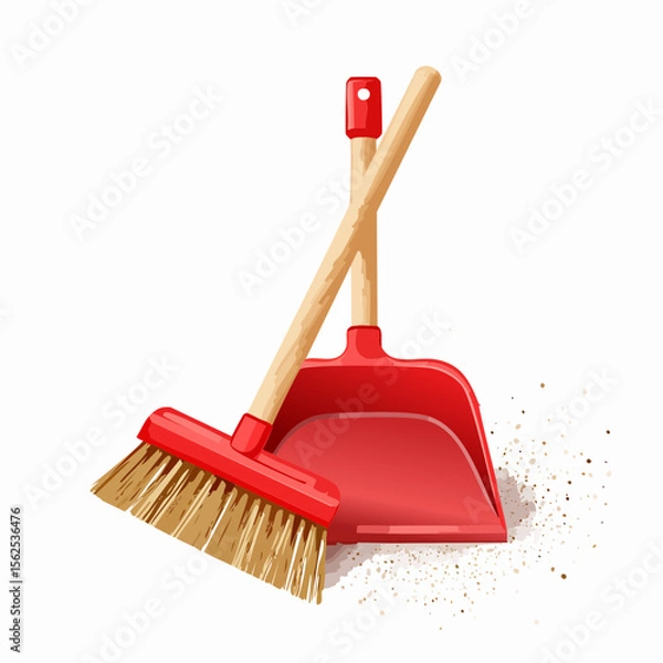 Obraz Red plastic dustpan paired with a wooden-handled broom with stiff bristles. Slight trail of dust nearby.
