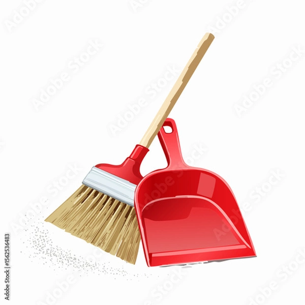 Obraz Red plastic dustpan paired with a wooden-handled broom with stiff bristles. Slight trail of dust nearby.
