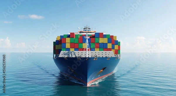 Fototapeta front view of cargo ship loaded with colorful containers sailing on calm waters