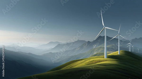 Fototapeta Wind turbines on rolling green hills with mountains in the background under a clear blue sky