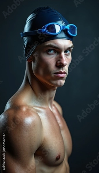 Fototapeta Focused male swimmer in a sleek cap and goggles