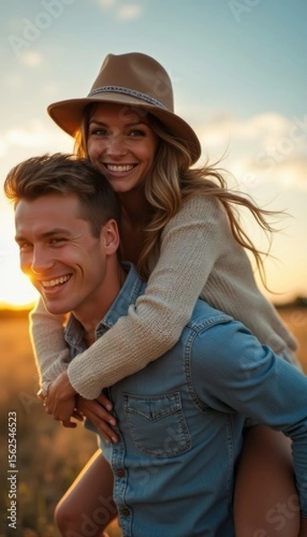 Fototapeta Joyful couple sharing a playful moment in a sunlit field