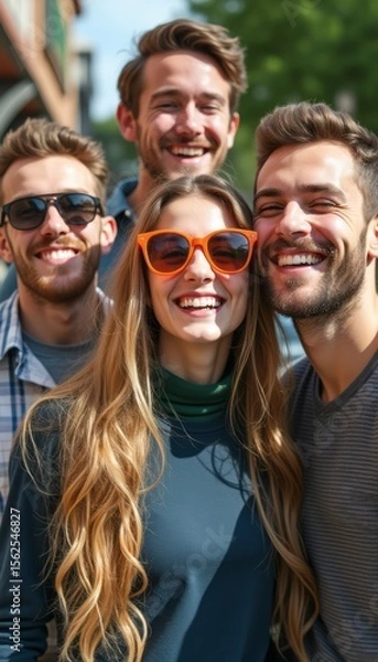 Fototapeta Joyful group of friends smiling together in the sun