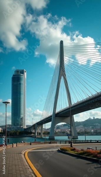 Fototapeta Stunning modern bridge with a skyscraper backdrop