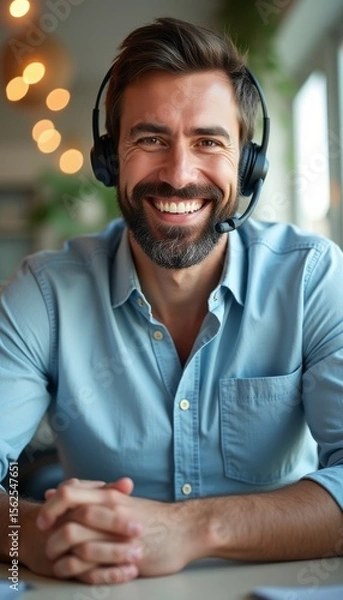 Fototapeta Cheerful man with headset smiling at the camera