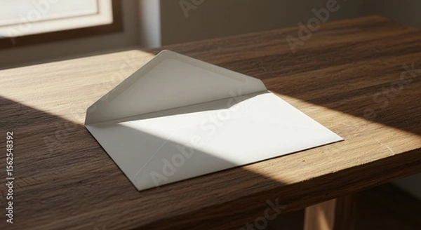 Obraz Blank envelope placed on wooden table with soft natural light  