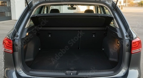 Fototapeta Spacious car trunk with open compartment and black interior  