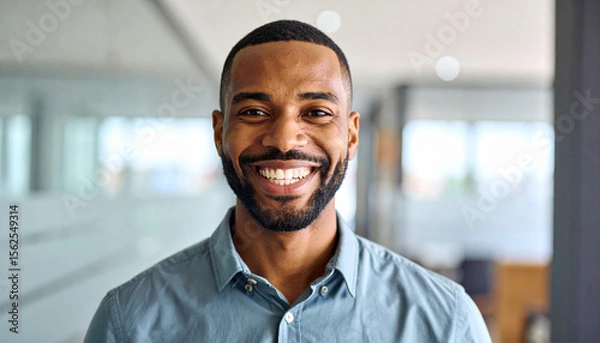 Fototapeta Happy young man with confident smile in modern workplace setting