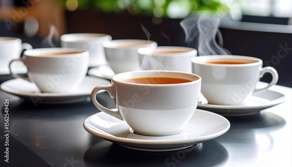 Fototapeta Freshly Brewed Coffee Cups with Steam on a Stylish Table Setting