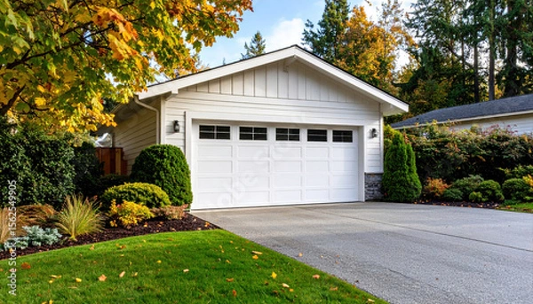 Fototapeta Modern suburban garage with pristine landscaping in autumn setting