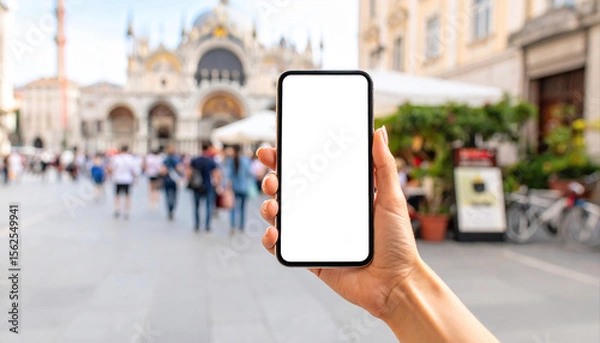 Fototapeta Hand Holding Smartphone with Blank Screen in Busy Urban Setting