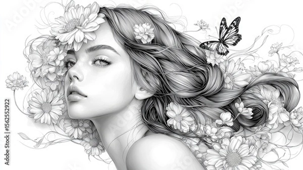 Obraz A woman's portrait surrounded by flowers and a butterfly.