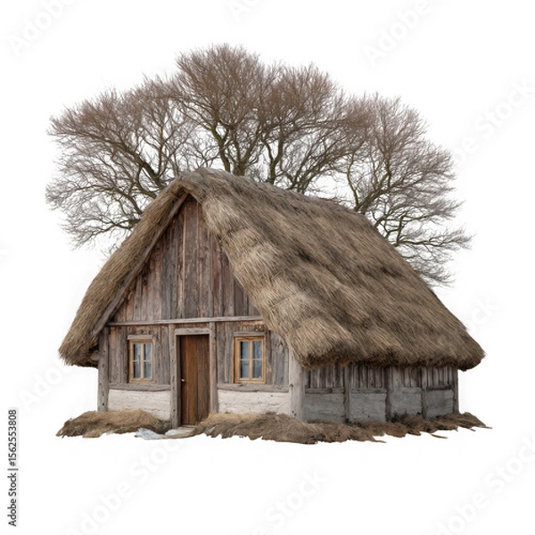 Fototapeta Rustic wooden cottage with thatched roof and bare tree isolated on transparent background