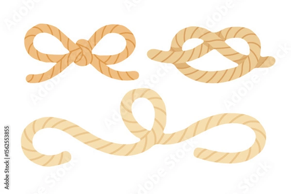 Fototapeta Cartoon set of decorative nautical rope knots and bows. Flat vector illustration for sea or craft themes.