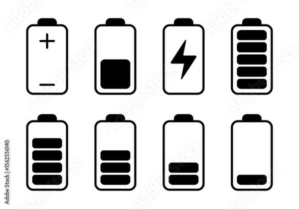 Obraz Battery indicator icon set. Battery charging status icons various stages of power isolated on white background. Vector illustration.
