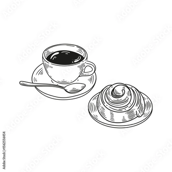 Fototapeta Original illustrations of a cup of tea or coffee with a cinnamon roll, a vintage ink line drawing of a snack or breakfast item for cards, menus, cafes, baristas, tea houses, or graphic design.