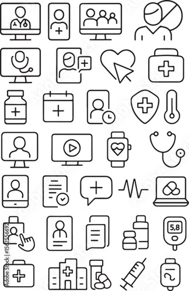 Fototapeta Collection of clean line art icons representing digital healthcare services telemedicine and medical technology concepts