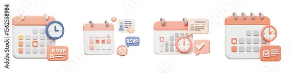 Fototapeta Event Calendar Icon – 3D Marked Dates, Clock & RSVP Symbol – PNG Clipart Set

