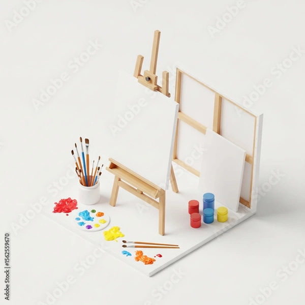 Fototapeta Miniature artist's studio setup with easel, canvases, paints, and brushes.