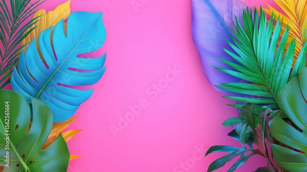 Fototapeta Minimal tropical, Abstract tropical composition featuring leaves and curves in vibrant colors.