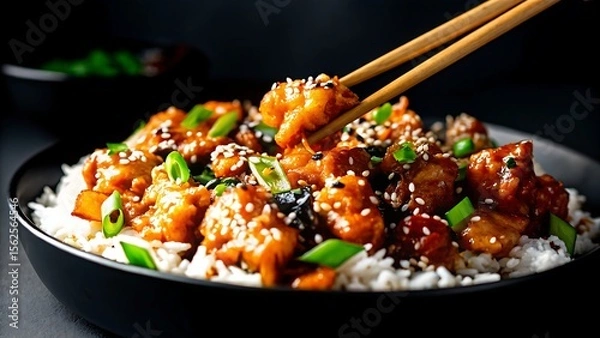 Fototapeta Close up of orange chicken with sesame seeds and scallions being picked with chopsticks