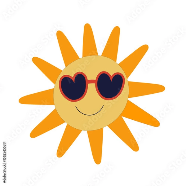 Fototapeta Cartoon sun with heart sunglasses and smiley face in summer style isolated on white background