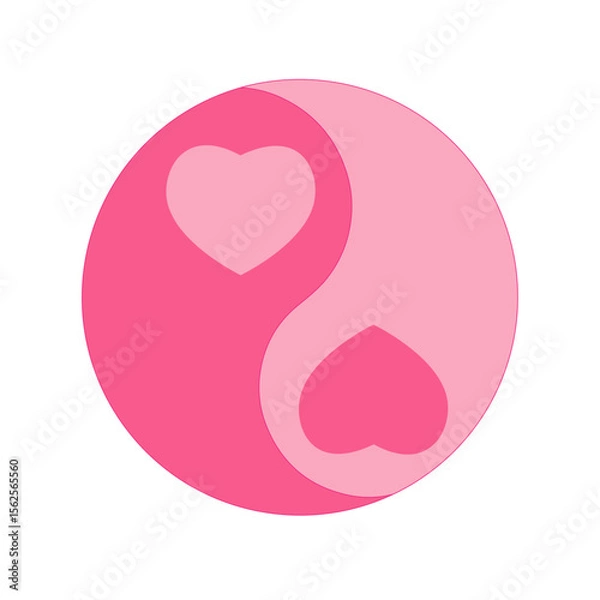 Fototapeta Pink yin yang symbol with heart elements representing love and balance on white background illustration