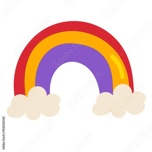 Fototapeta Bright cartoon rainbow with red, orange, and purple arcs between soft beige clouds on white background
