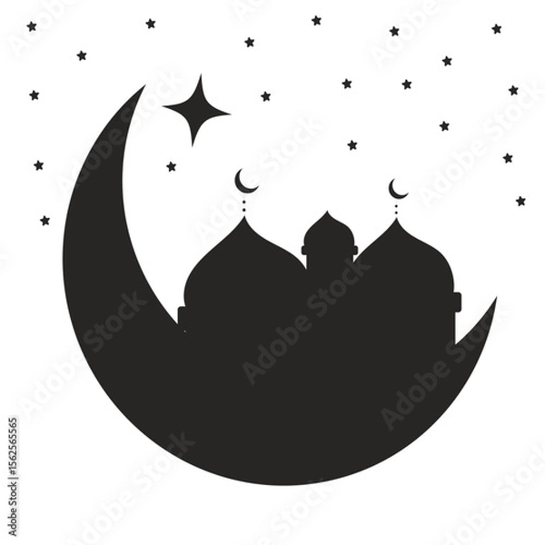 Fototapeta Black silhouette of mosque inside crescent moon with stars around on white background for Ramadan design