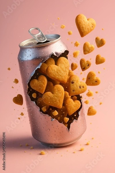 Fototapeta Creative Metallic Soda Can Torn Open with Heart Shaped Cookies Flying Out, Conceptual Food Art on Pastel Background