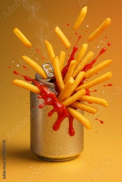 Fototapeta Exploding Metallic Soda Can with French Fries and Ketchup Splash, Surreal Fast Food Concept on Warm Gradient Background