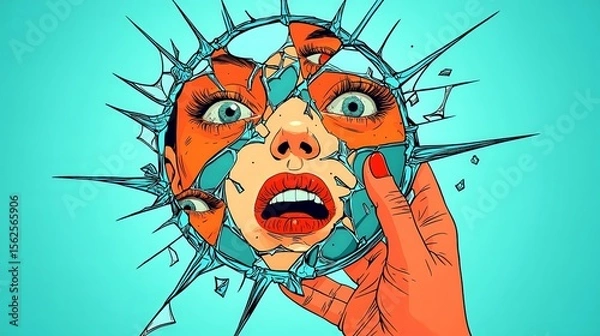 Fototapeta Surreal Pop Art Illustration of Woman’s Face Reflected in Broken Mirror, Concept of Identity and Anxiety