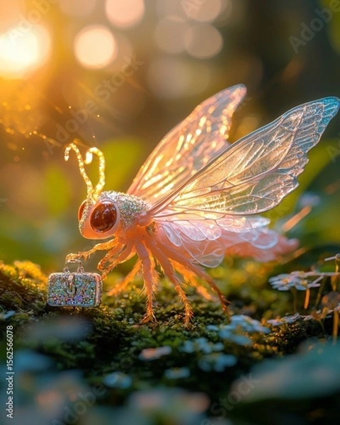Fototapeta Fantasy Insect with Crystal Wings and Tiny Bag in Enchanted Forest at Sunset Light Macro Illustration