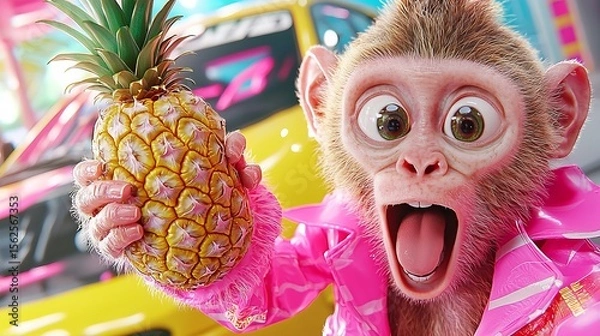 Fototapeta Funny Monkey in Pink Jacket Holding Pineapple with Surprised Expression near Colorful Sports Car