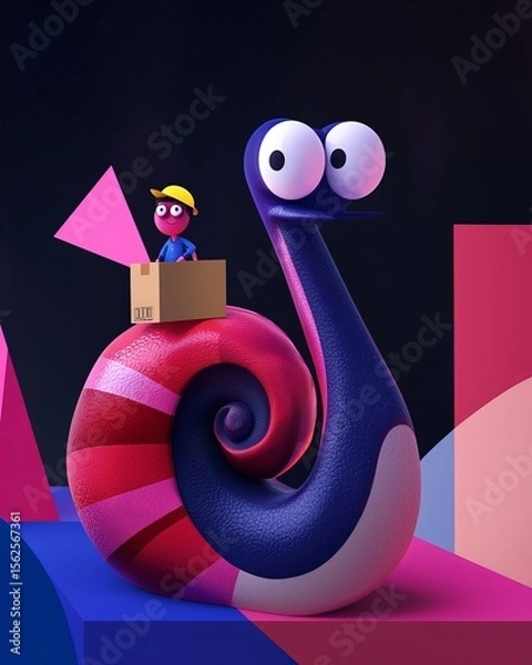 Fototapeta Funny Cartoon Snail with Big Eyes Carrying Little Character in Box — Playful 3D Illustration on Abstract Colorful Background