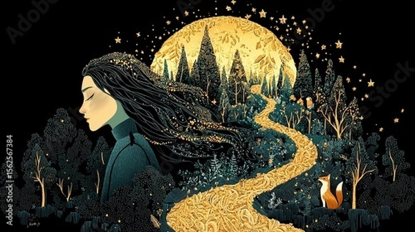 Fototapeta Mystical Woman Walking Through Enchanted Forest at Night with Golden Path and Moon – Fantasy Art Illustration