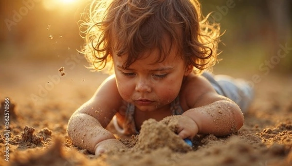 Fototapeta Curly Haired Toddler Lying on Ground Playing with Sand in Warm Sunset Light — Natural Childhood Moment