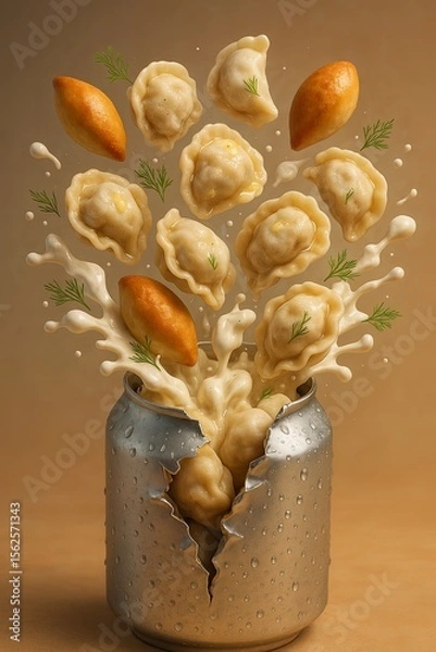 Fototapeta Traditional Dumplings and Pies Splashing from Cracked Can with Milk Splash – Creative Food Concept Illustration