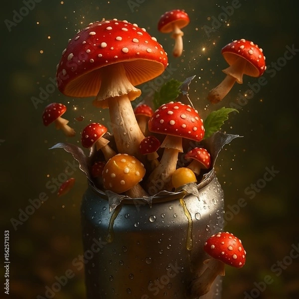 Fototapeta Fantasy Red Mushrooms Growing from Metallic Soda Can in Forest, Magical Concept Illustration